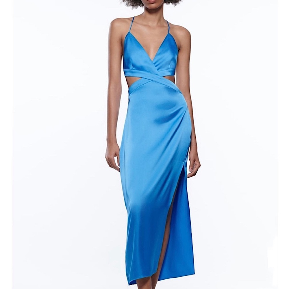 🆕 ZARA Satin Effect Cut Out Midi Dress in Electric Blue SZ S